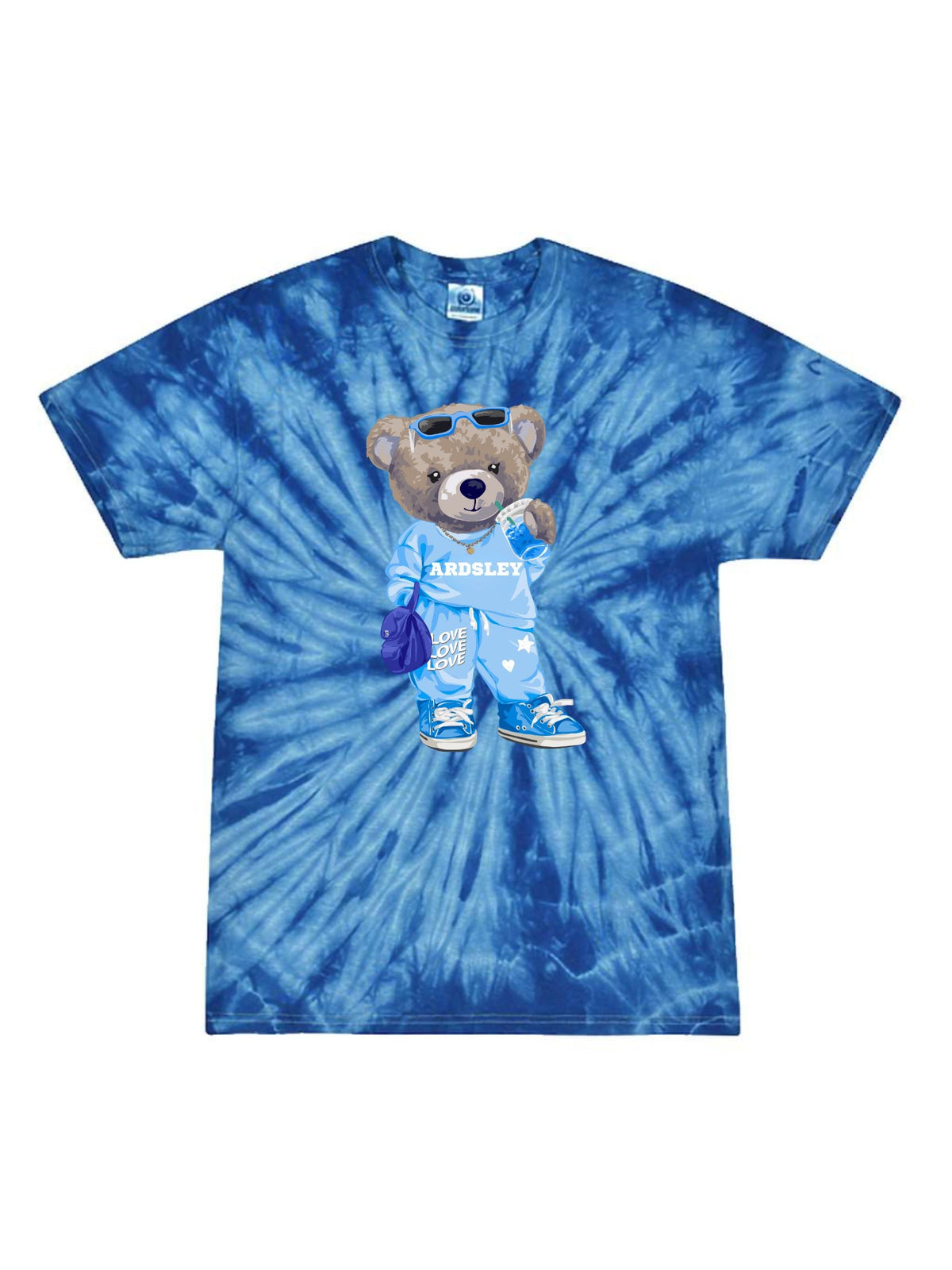 Sassy Bear on Tie Dye Blue Shirt